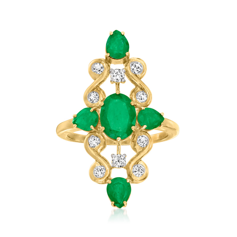 18kt gold over sterling ring with green oval emeralds and white round topaz stones