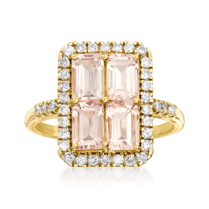 14kt yellow gold morganite frame ring, diamond halo around rectangular stones