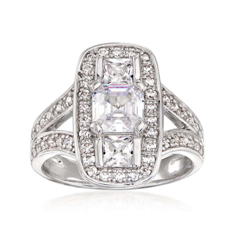 Vintage-style CZ ring in sterling silver with rectangular three-stone halo