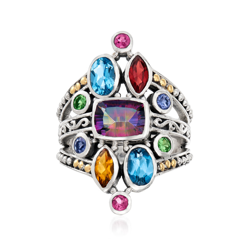 Multi-gem split-shank ring in sterling silver with 18kt yellow gold accents and gemstones