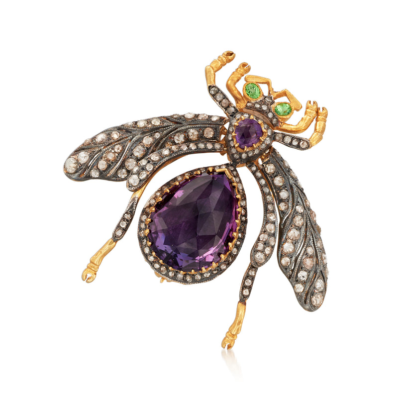 Vintage fly brooch pin in two-tone sterling silver, oval purple gem with green and clear stones