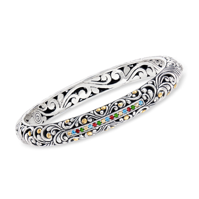 Sterling silver Bali-style bangle bracelet with multicolor gemstone inlay and filigree