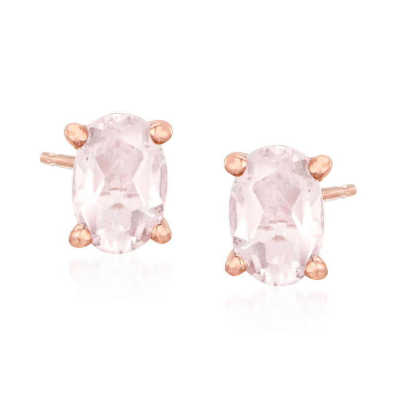 Morganite stud earrings with oval pink gemstone and rose gold over sterling prongs