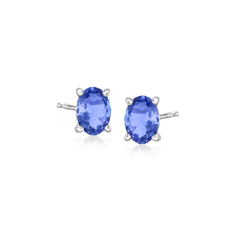 Sterling silver tanzanite oval stud earrings with blue gemstones and back posts