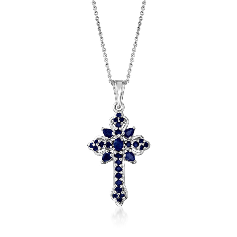 Sterling silver cross pendant necklace with blue sapphire-style stones