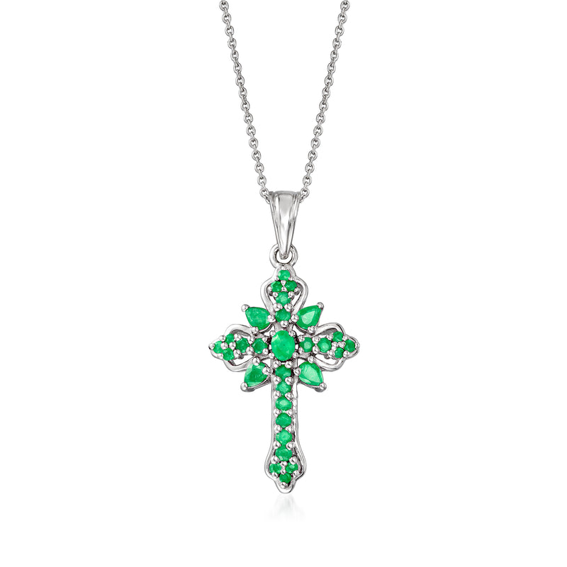 Sterling silver cross pendant necklace with green gemstone accents and chain