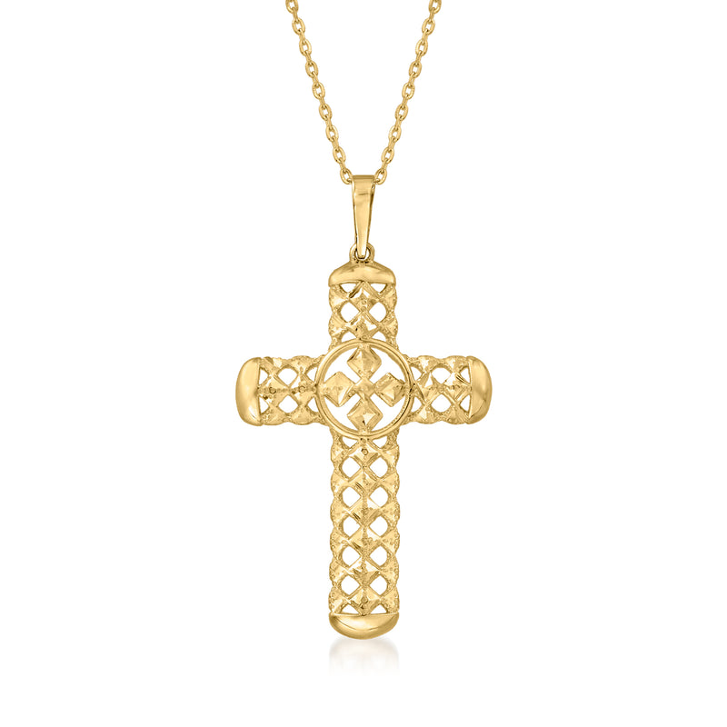 14kt yellow gold openwork cross pendant necklace with lattice-cut cross and link chain