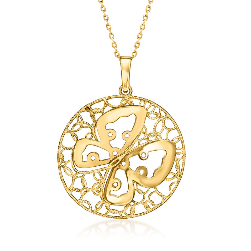 14kt yellow gold openwork butterfly pendant necklace with round medallion pendant