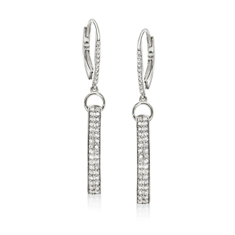 Sterling silver diamond loop drop earrings with leverback closure, dangling rectangular bar
