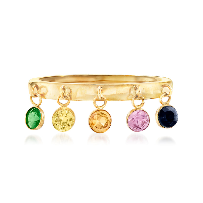 14kt yellow gold ring with five dangling round gemstones: green, yellow, orange, pink, blue.