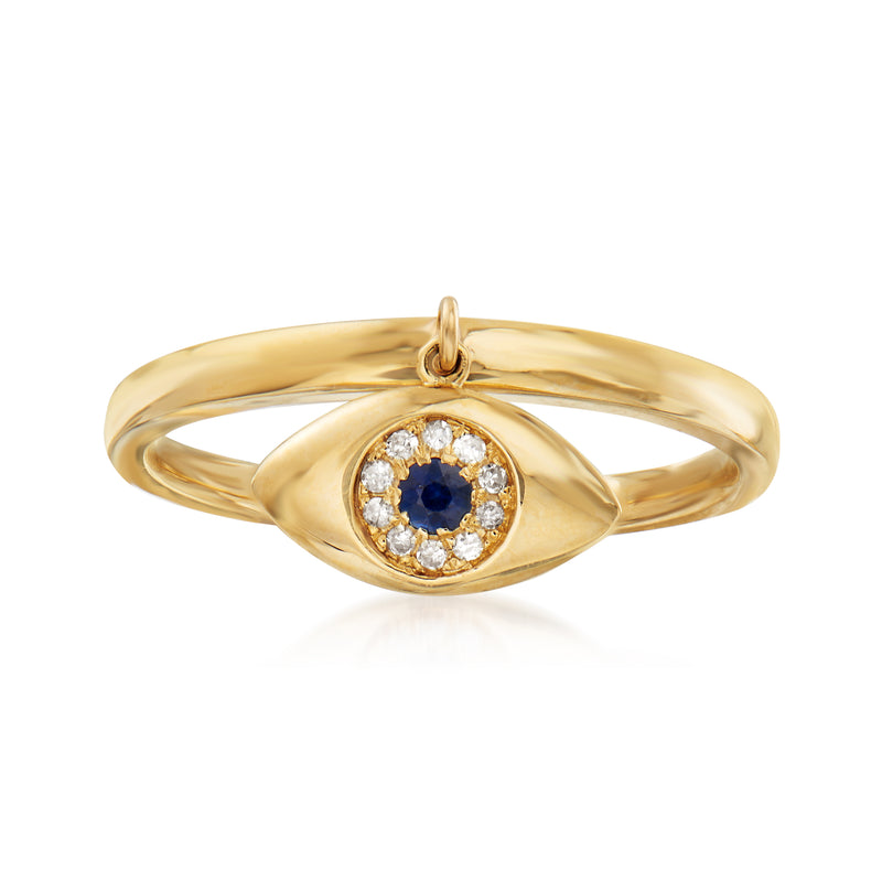 14k yellow gold evil eye ring with sapphire center and diamond halo accents