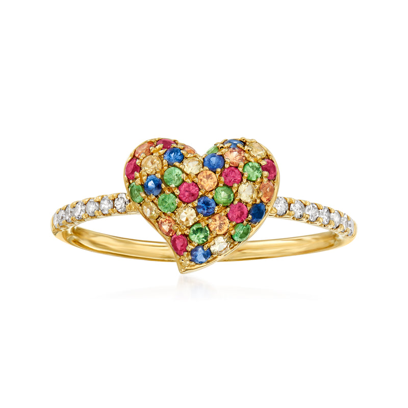 14kt yellow gold heart ring with multicolor gemstones and diamond-accented band