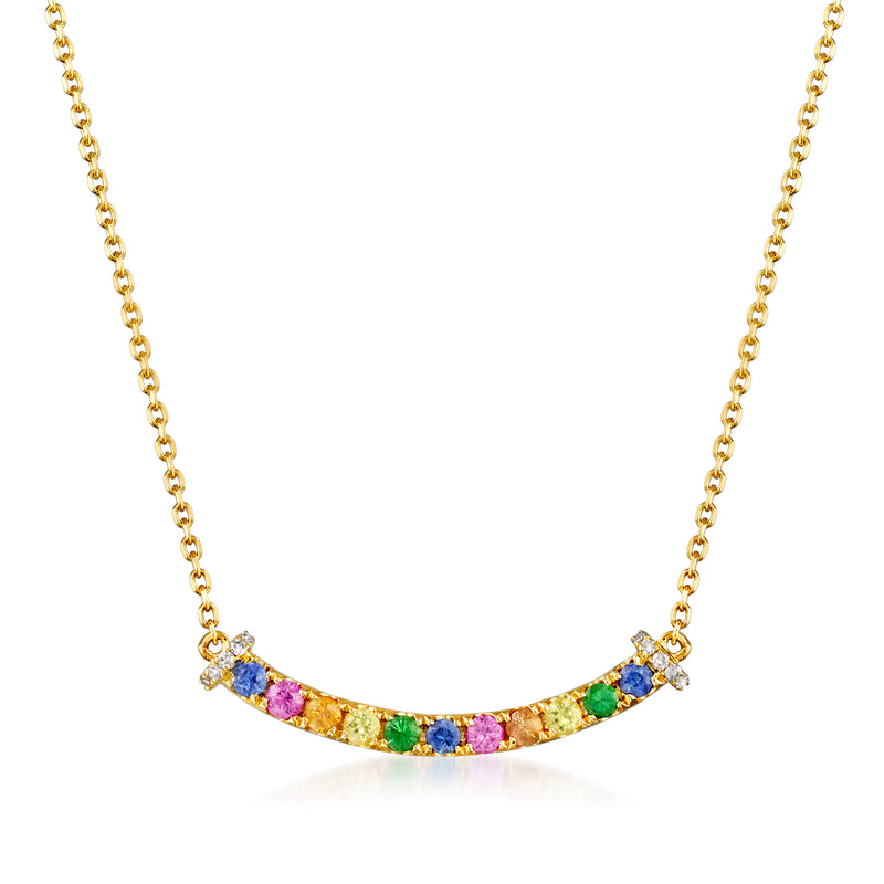 14kt yellow gold necklace with multicolored sapphire and diamond accents bar