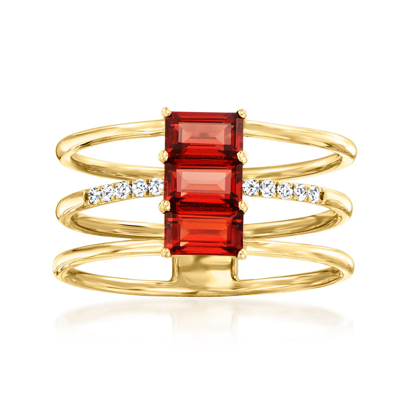 14kt yellow gold three-band ring with emerald-cut garnet and diamond accents