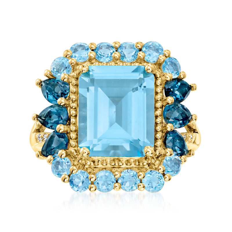 Gold over sterling ring with square light-blue gemstone center and blue topaz halo