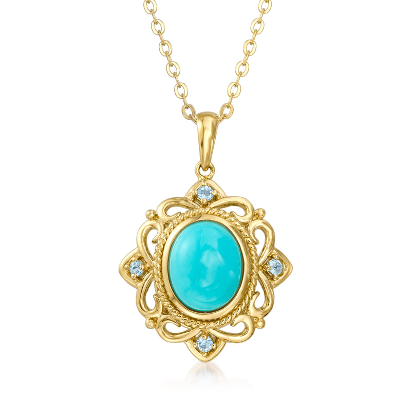 18kt gold over sterling oval turquoise topaz pendant necklace with small clear stones