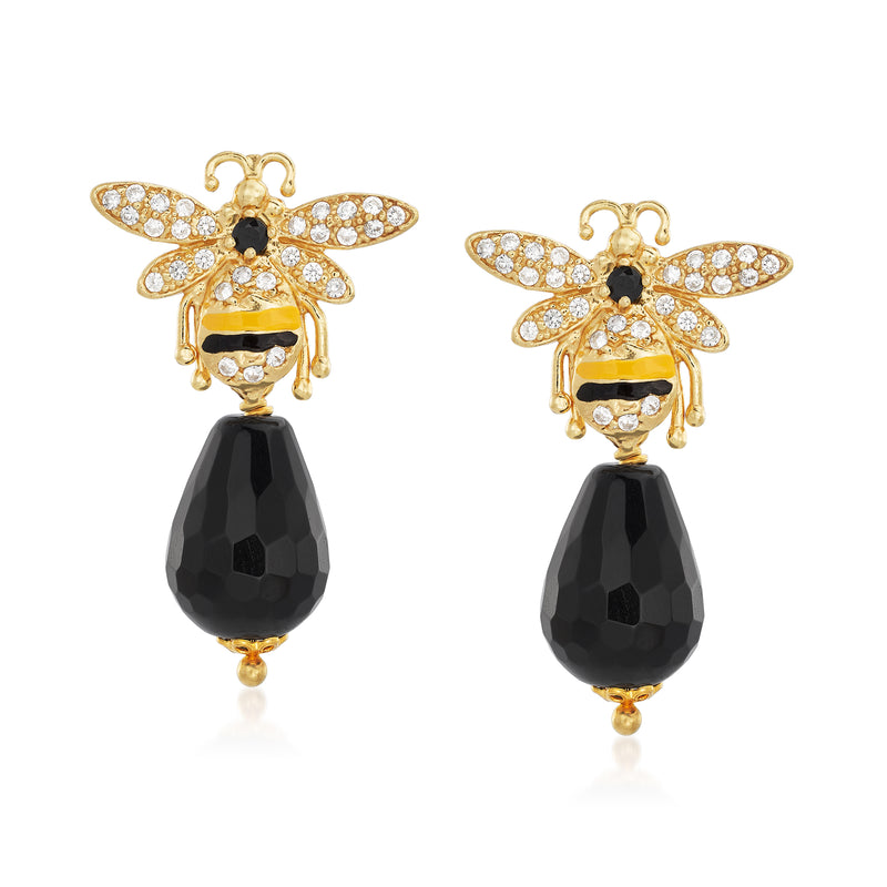 Bee drop earrings in gold tone with clear stones, black enamel, and faceted black drops