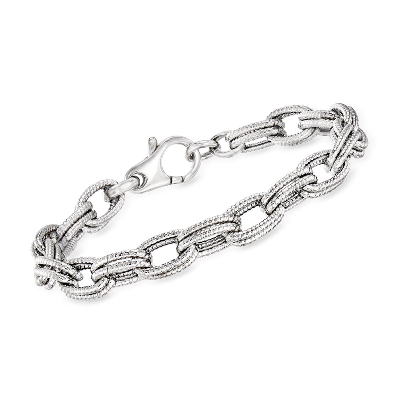 Sterling silver double-oval link bracelet with textured chain clasp