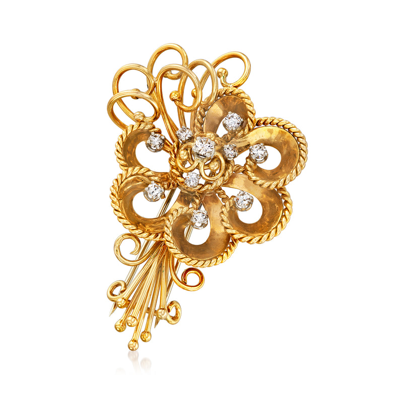 18kt yellow gold diamond flower bouquet pin with dangling circular motifs
