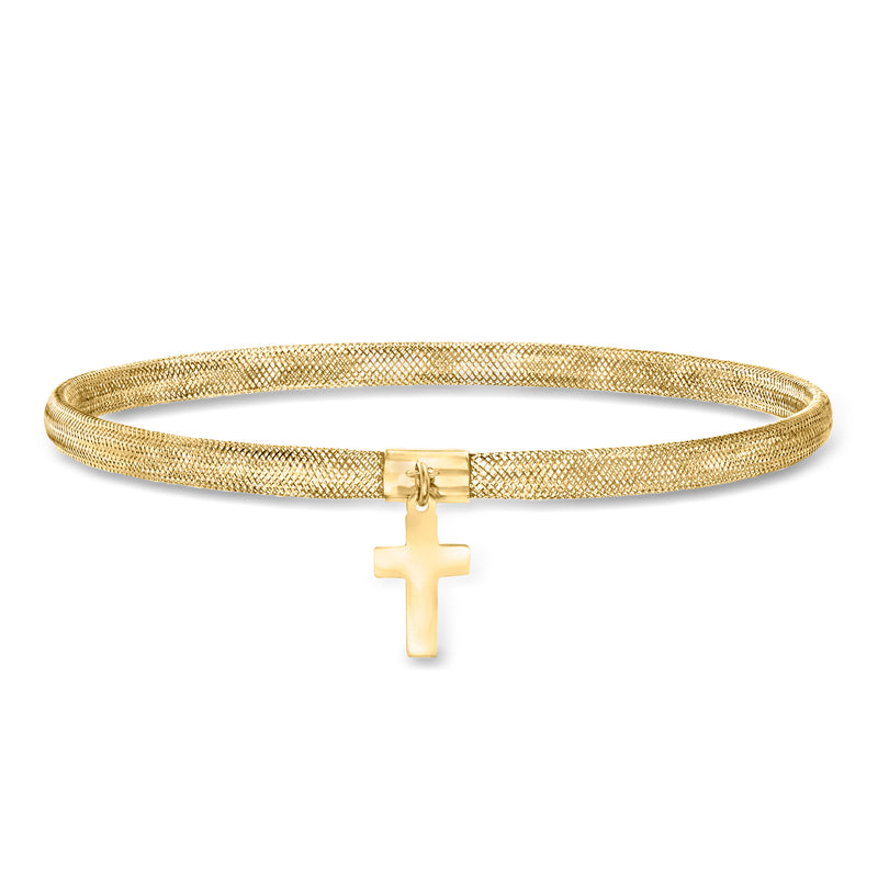 14kt yellow gold mesh bracelet with dangling cross charm and side clasp
