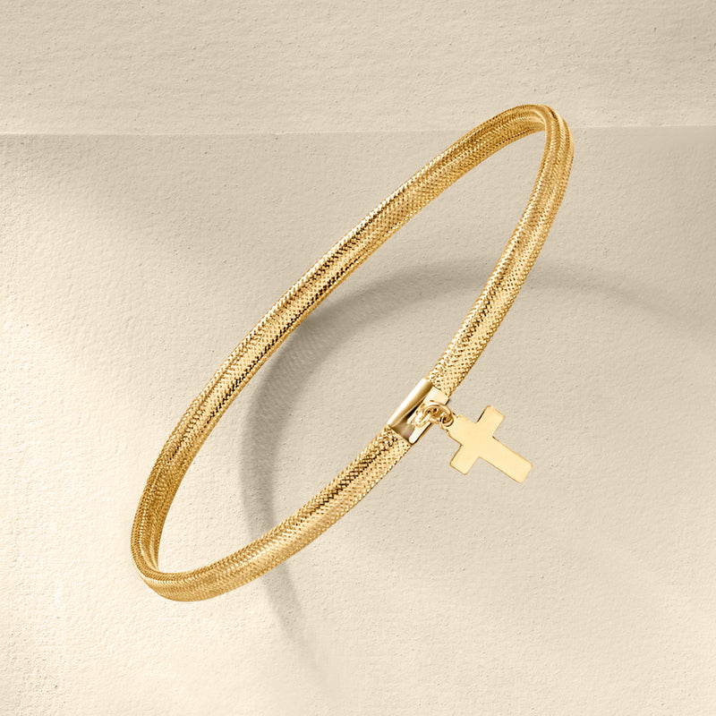 14kt yellow gold mesh bracelet with cross charm and hinge clasp