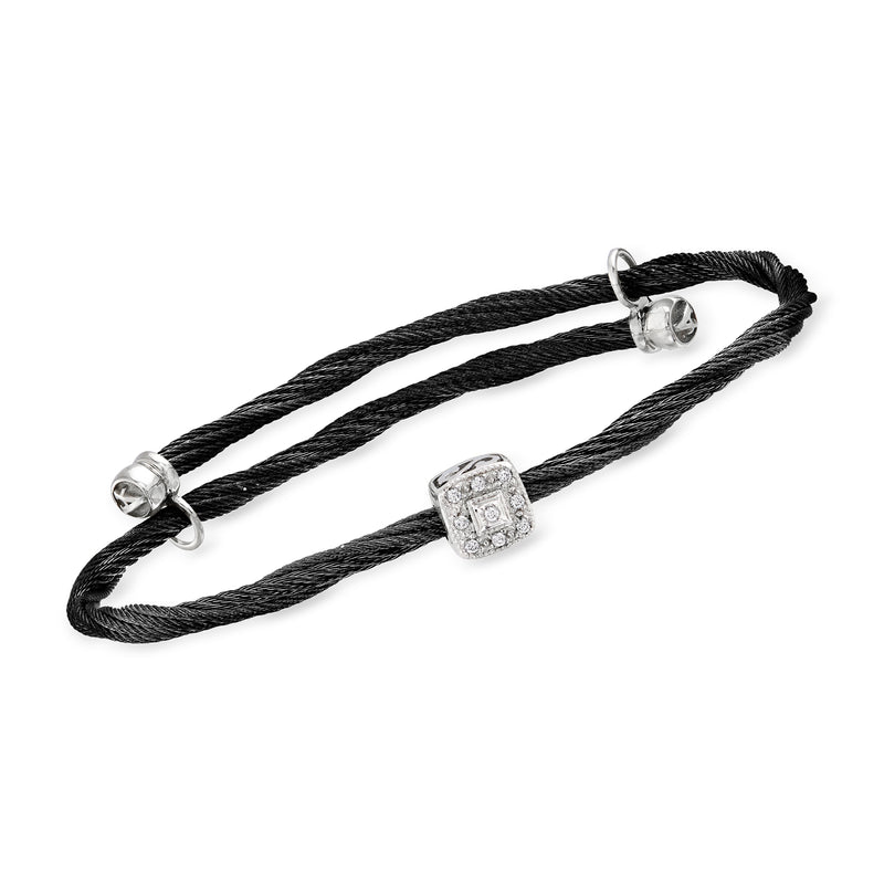 Black stainless steel adjustable cable bracelet with diamond-accented white gold station
