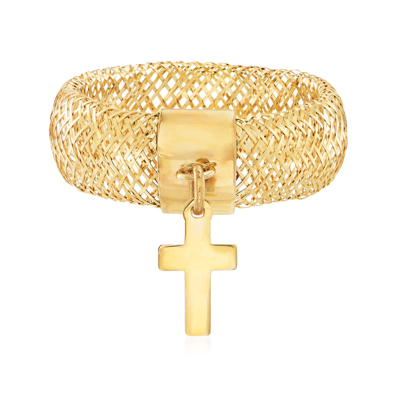 14kt yellow gold mesh ring with cross charm and rectangular bezel