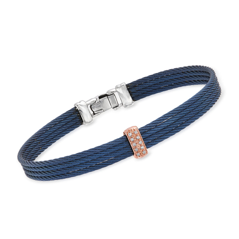 Navy stainless steel cable bracelet with clasp, rose gold diamond-accented center bead