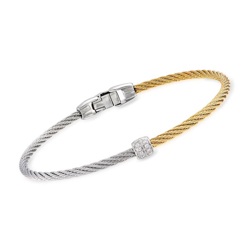 Two-tone cable bracelet with stainless and white gold, diamond accents.