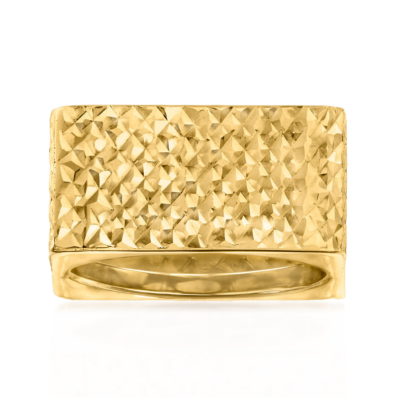 Yellow 14kt gold square ring with diamond-cut texture and polished band