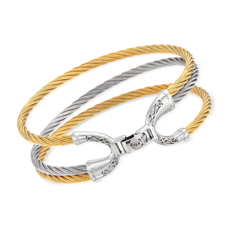 Two-tone stainless steel cable bracelet with gold and silver cable links and clasp