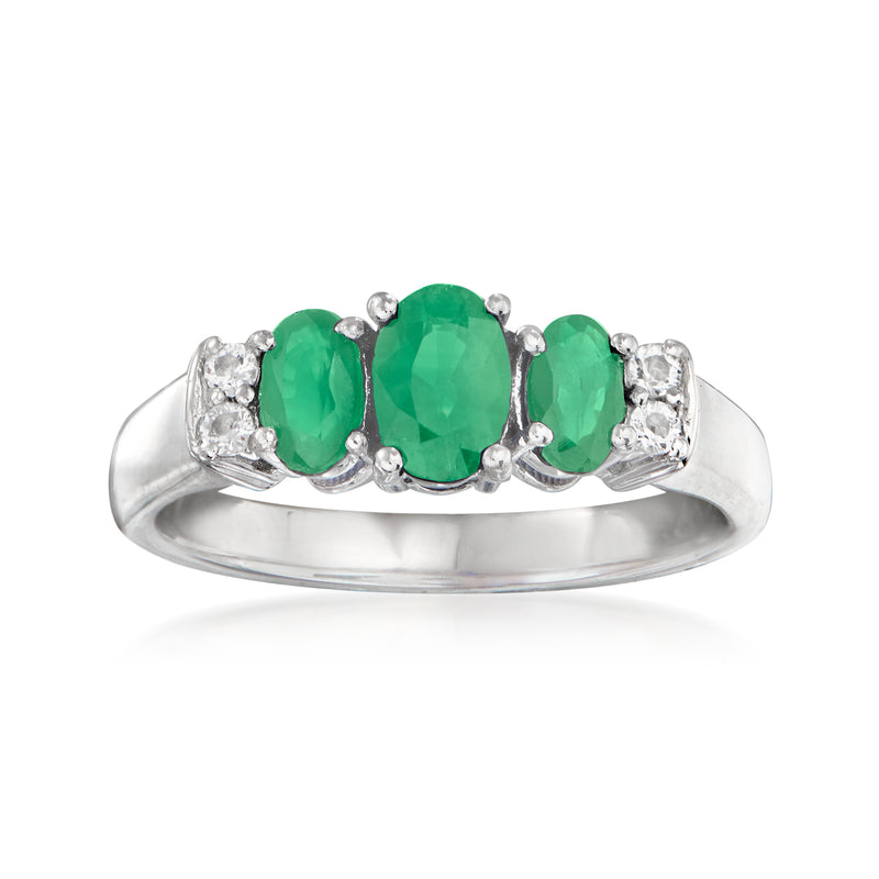 Sterling silver ring with three green oval emerald-cut stones and white accents