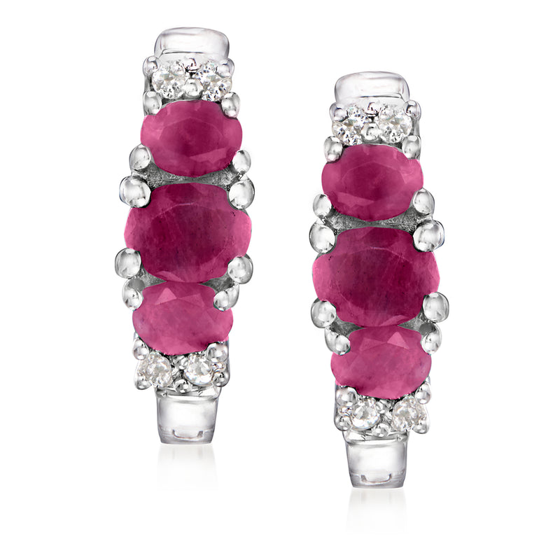 Sterling silver hoop earrings with ruby and white topaz stones