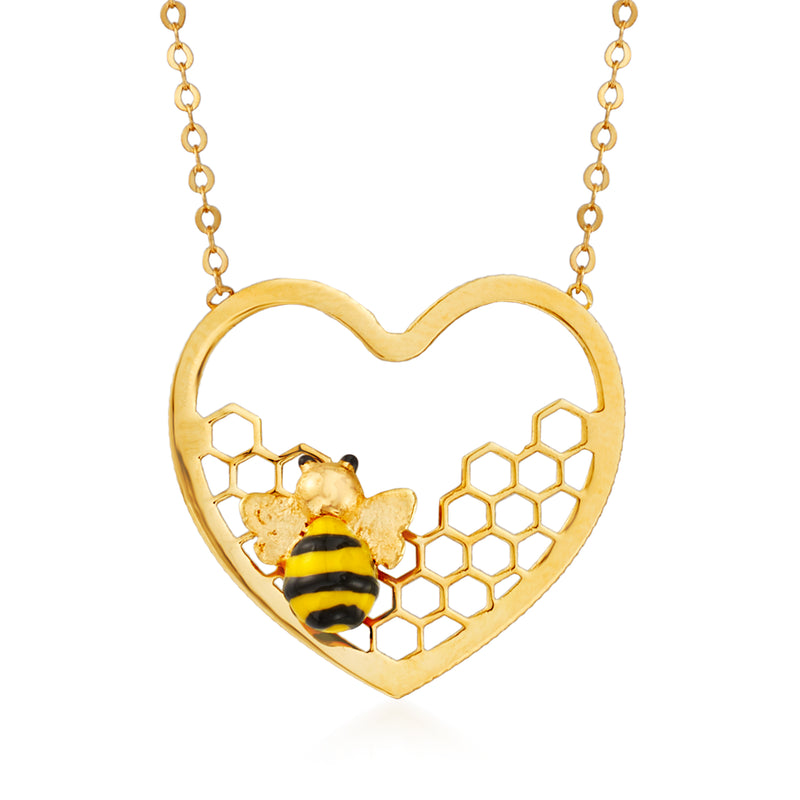 14kt yellow gold heart pendant with enamel bee and honeycomb pattern on chain