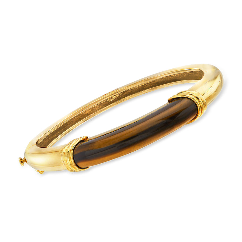 14kt yellow gold tiger eye bangle bracelet with dark stone inlay bezel