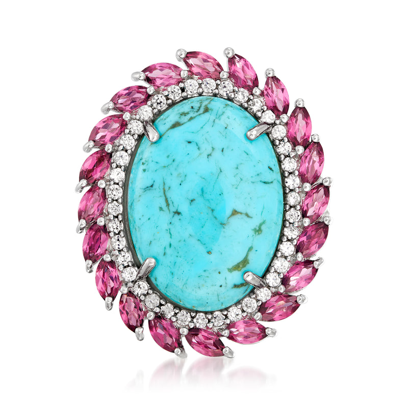 Sterling silver ring with oval turquoise center, pink gemstones, and white halo accents