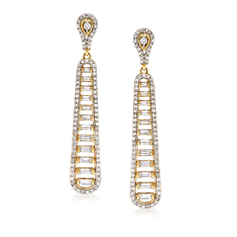 14kt yellow gold diamond drop earrings with round tops and baguette cut accents