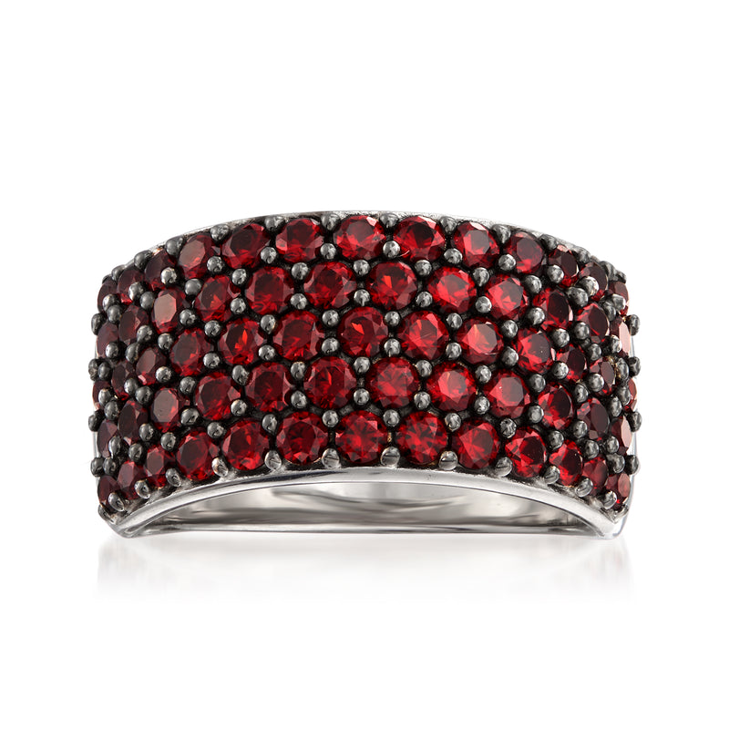 Garnet multi-row ring in sterling silver with pavé-set red stones