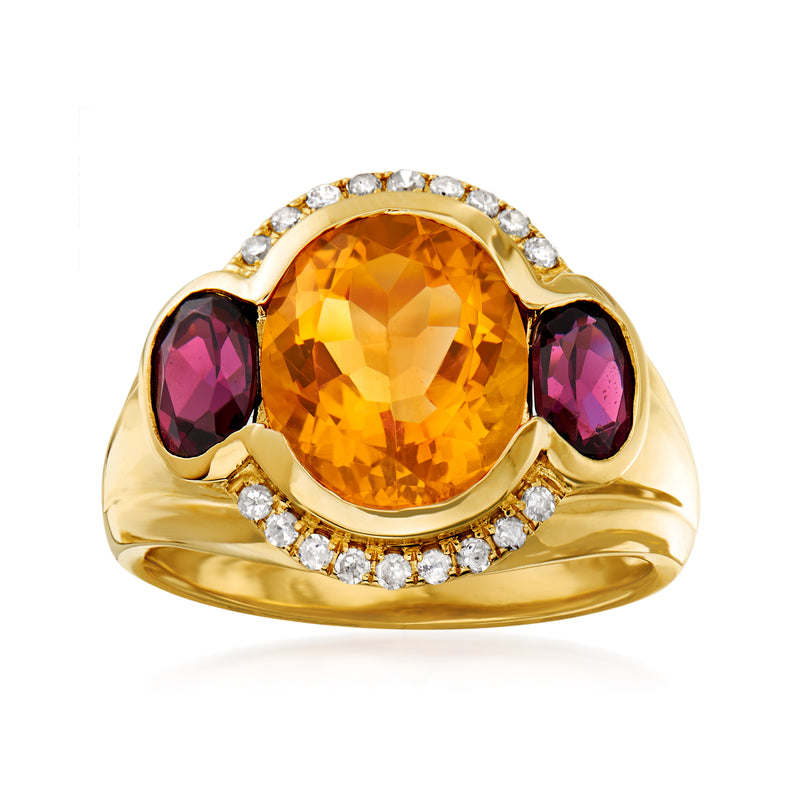 14kt yellow gold ring with oval citrine, purple rhodolite garnets, and diamond accents