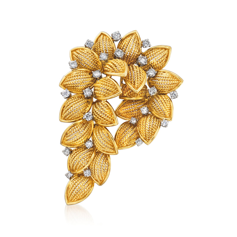 Gold diamond leaf pin with textured yellow-gold leaves and small clear stones