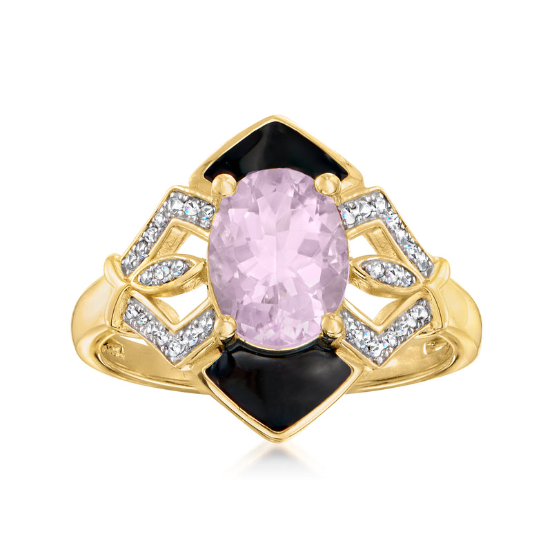Two-tone ring with oval amethyst, diamond accents, black enamel frame