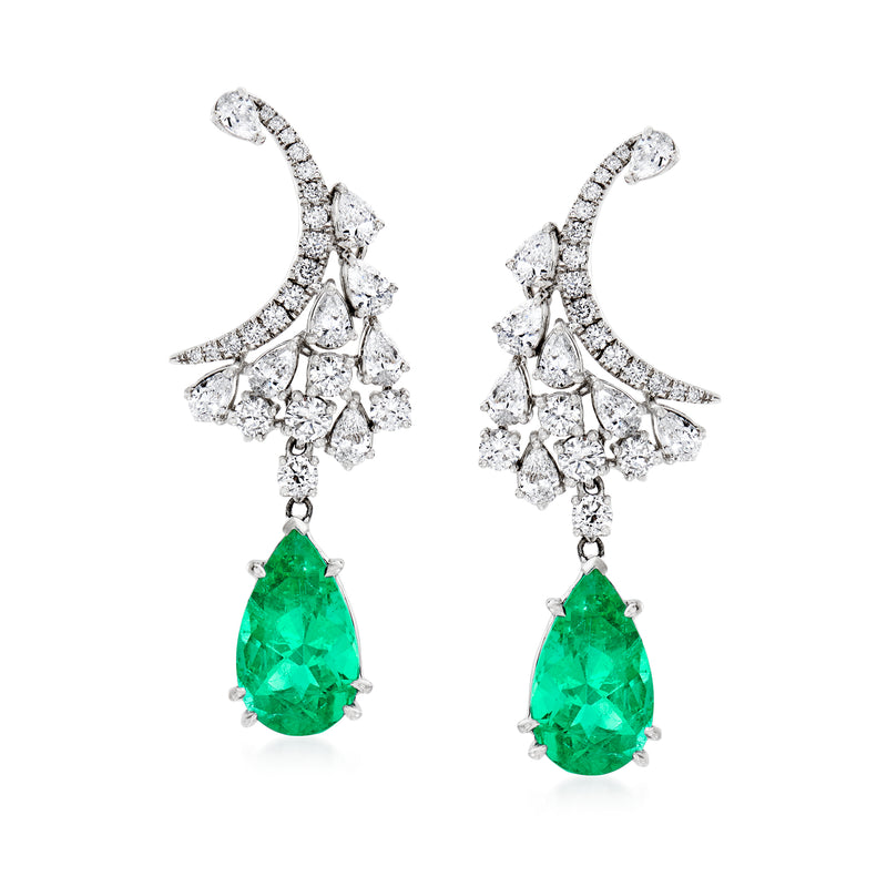 18k white gold diamond cluster drop earrings with pear-cut green emerald drops