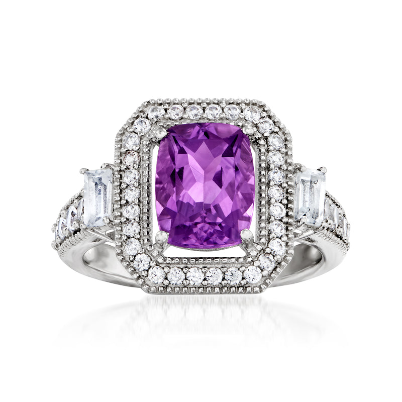 Sterling silver ring with square-cut amethyst center and white zircon halo accents