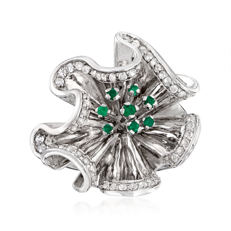 Sterling silver floral ring with white topaz and emerald accents