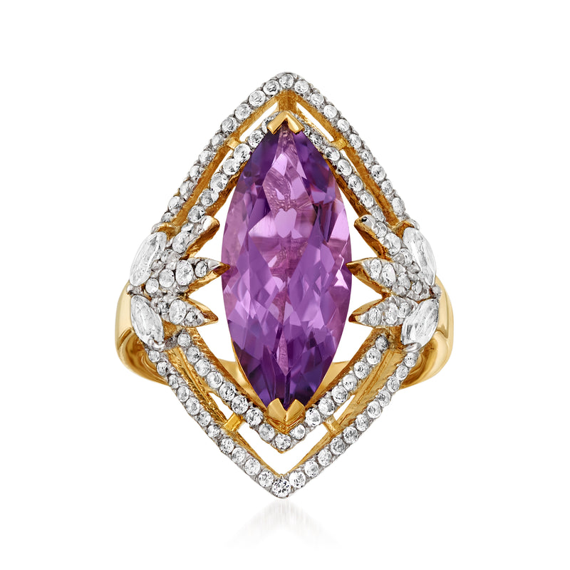 Amethyst and white topaz ring in gold-tone setting with oval purple gemstone and halo