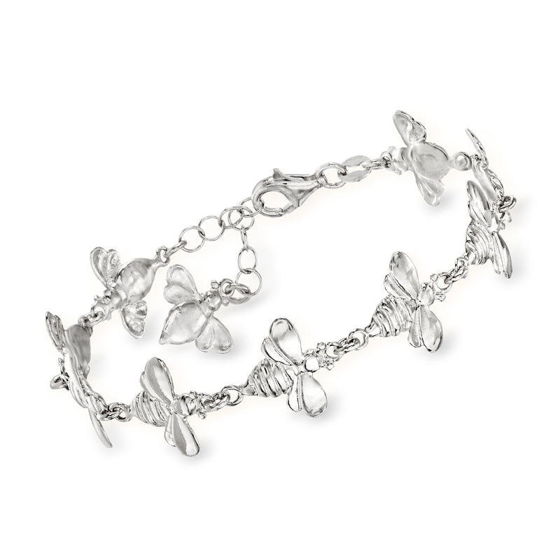 Sterling silver bumblebee charm bracelet with linked chain and raised bee motifs