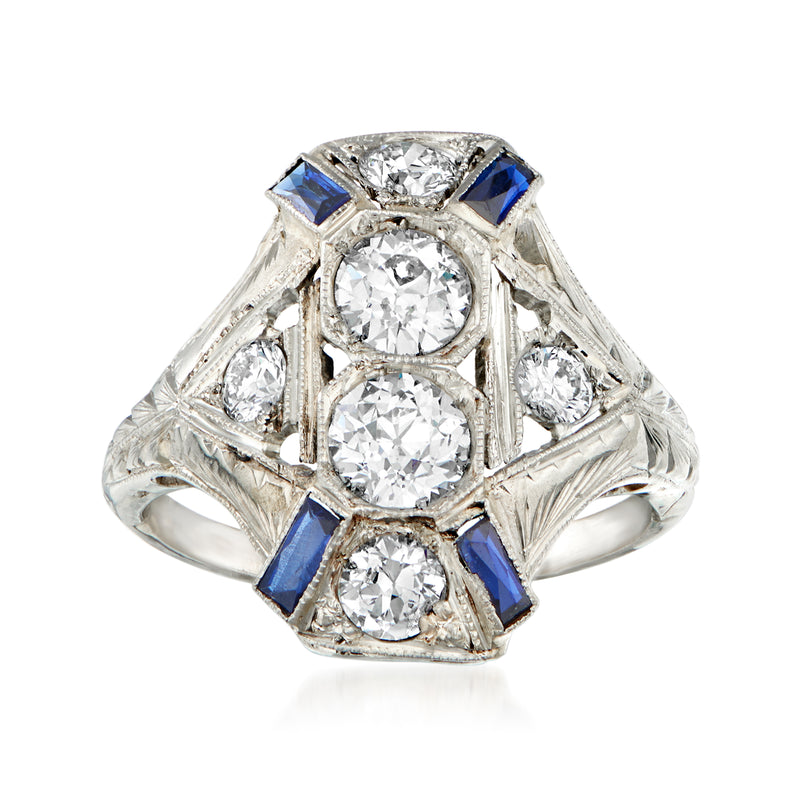 Vintage white gold cocktail ring with round diamonds and four blue sapphire accents