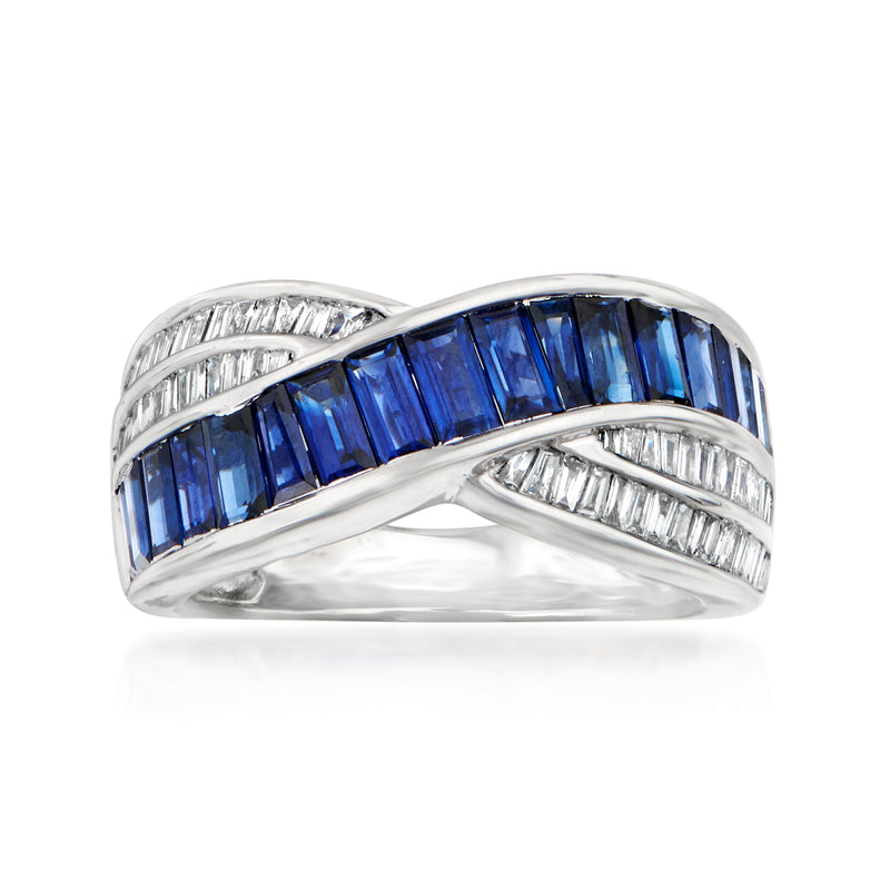 18kt white gold crossover ring with blue baguette sapphires and diamond accents