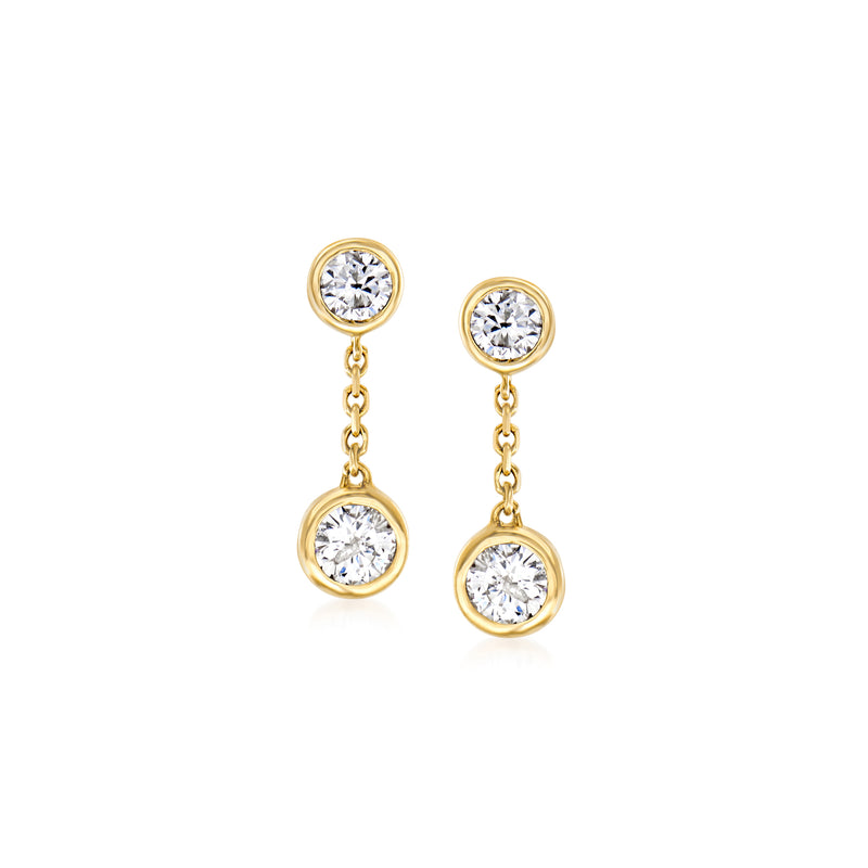 14kt yellow gold bezel-set round diamond drop earrings with two dangling stones