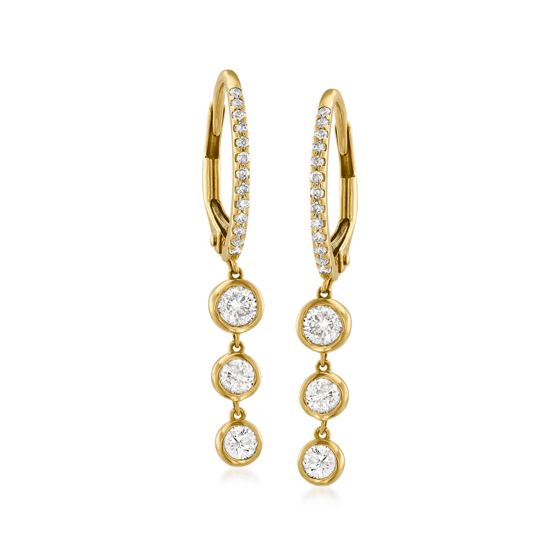 14kt yellow gold diamond hoop drop earrings with three round dangling stones